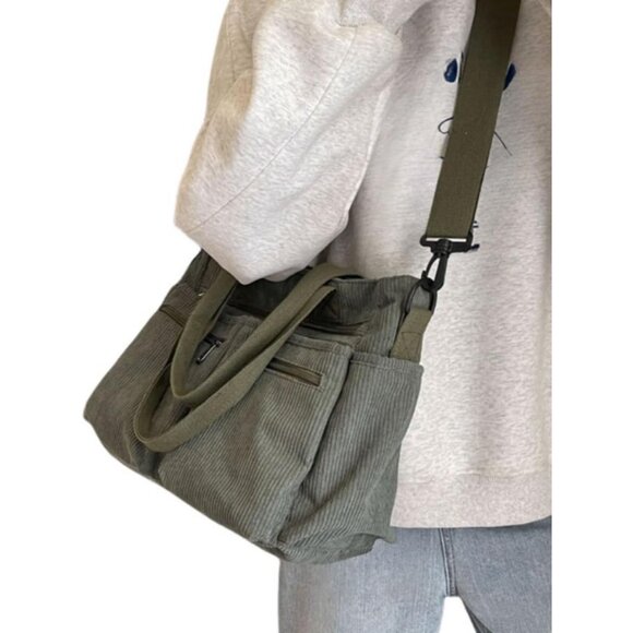 Green Corduroy Satchel Bag for Women, Large Capacity Multi-Pocket Tote Handbag w - Picture 9 of 9